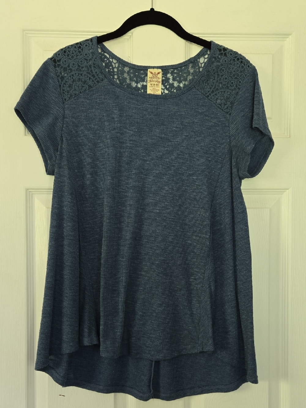 Faded Glory Blue Short Sleeve Lace Yoke Swing Top